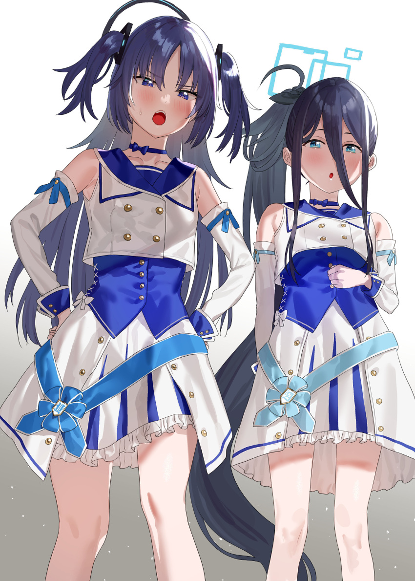 2girls absurdres aris_(blue_archive) bare_legs black_hair blue_archive blue_eyes blush bow breasts choker commentary_request detached_sleeves from_below gradient_background hair_between_eyes hair_ornament halo highres idol legs long_hair looking_at_viewer multiple_girls official_alternate_costume open_mouth pleated_skirt purple_eyes purple_hair sailor_collar side_ponytail skirt small_breasts subachi sweatdrop thighs two_side_up very_long_hair yuuka_(blue_archive)