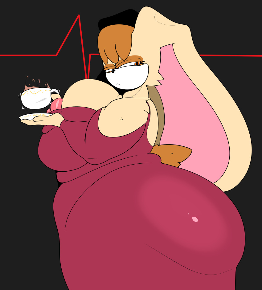 2023 absurd_res anthro big_breasts big_butt breasts butt chubby_female clothed clothing colored container cup digital_drawing_(artwork) digital_media_(artwork) dress female greektrebuchet hi_res huge_breasts huge_butt hyper hyper_breasts hyper_butt lagomorph leporid mammal mature_female narrowed_eyes nipples overweight overweight_female puffy_nipples rabbit sega side_view solo sonic_the_hedgehog_(series) squint vanilla_the_rabbit