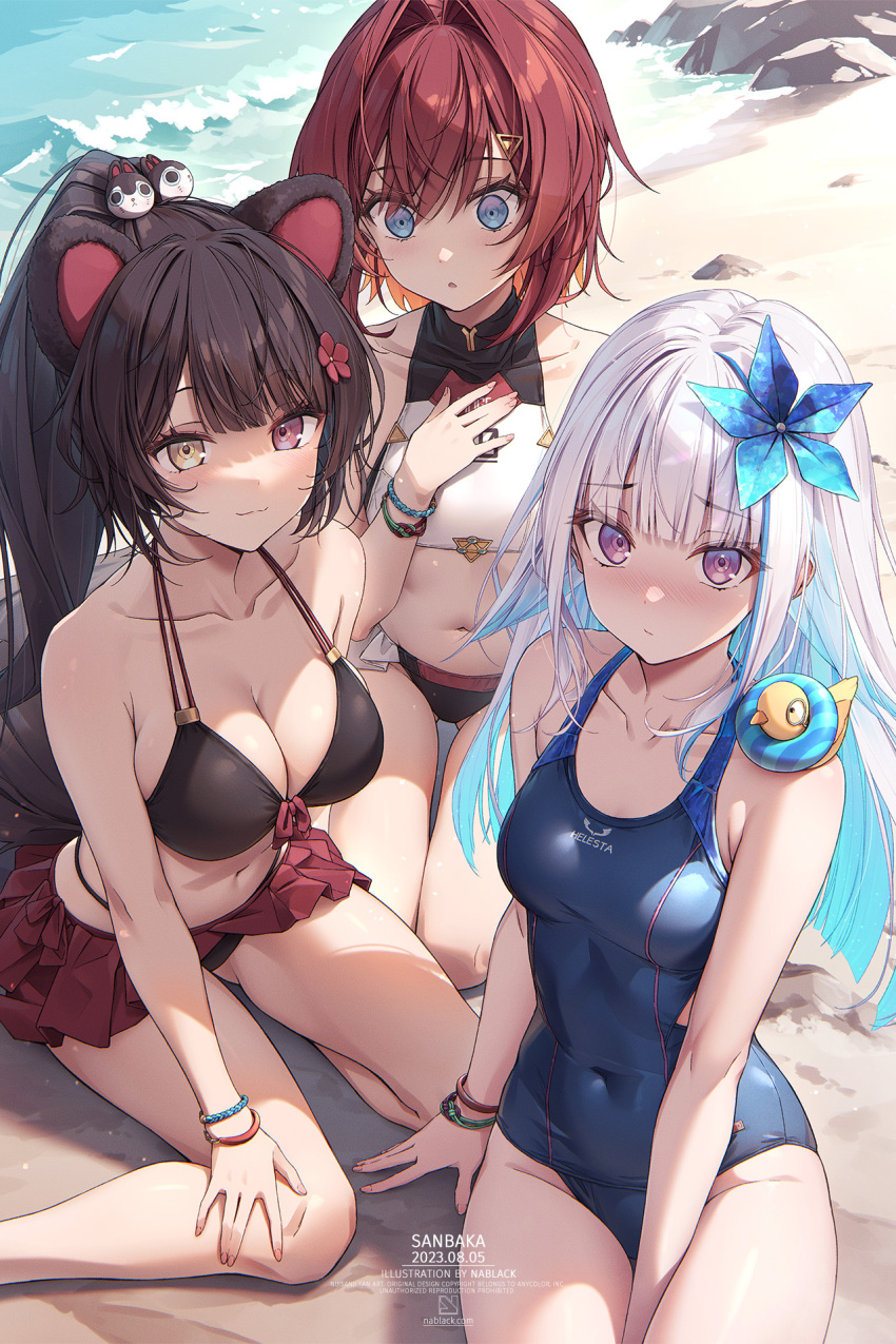 3girls ange_katrina animal_ears bare_arms bare_shoulders beach bead_bracelet beads bikini bikini_skirt black_bikini black_hair blue_eyes blue_hair blue_one-piece_swimsuit bracelet breasts cleavage closed_mouth collarbone colored_inner_hair covered_navel dog_ears flower front-tie_bikini_top front-tie_top hair_flower hair_ornament halterneck hand_on_own_chest hand_on_own_knee heterochromia highres inui_toko jewelry kuro-kun_(nablack) large_breasts lize_helesta long_hair looking_at_viewer medium_breasts multi-strapped_bikini multicolored_hair multiple_girls navel nijisanji one-piece_swimsuit ponytail purple_eyes red_eyes red_hair sebastian_piyodore short_hair smile stomach streaked_hair string_bikini swimsuit thighs two-tone_hair very_long_hair virtual_youtuber white_hair yellow_eyes