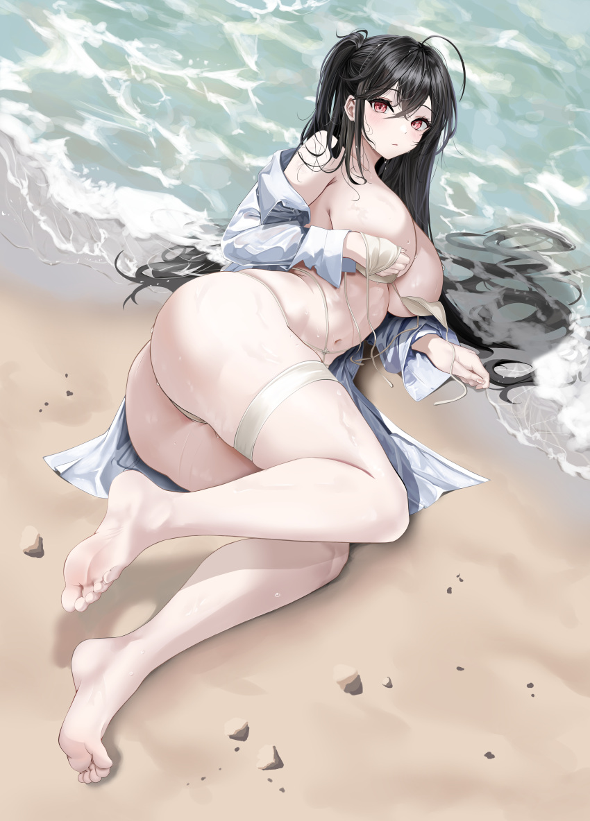 1girl absurdres ahoge ass azur_lane barefoot beach bikini black_hair breasts closed_mouth crossed_bangs dlnk full_body highres large_breasts long_hair lying navel official_alternate_costume on_side open_clothes open_shirt red_eyes sand shirt skindentation solo stomach swimsuit taihou_(azur_lane) taihou_(seaside_daydreams)_(azur_lane) thigh_strap thighs untied_bikini very_long_hair water wet wet_hair white_bikini white_shirt