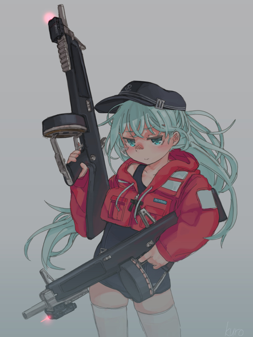 1girl aa-12 alternate_costume blue_eyes blue_hair collarbone commentary_request contrapposto cropped_jacket dual_wielding floating_hair furrowed_brow grey_background gun half-closed_eyes hand_up hibiki_(kancolle) highres holding holding_gun holding_weapon hood hood_down hooded_jacket jacket kantai_collection kuro4221 laser_sight life_vest light_blue_hair light_smile long_hair long_sleeves looking_at_viewer old_school_swimsuit red_jacket school_swimsuit shotgun solo swimsuit swimsuit_under_clothes thighhighs trigger_discipline weapon white_thighhighs