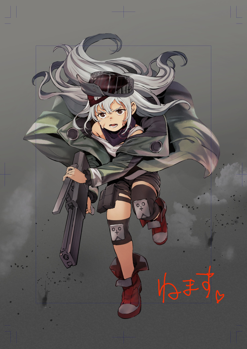 1girl absurdres assault_rifle brown_eyes full_body g11_(girls'_frontline) girls'_frontline grey_hair gun h&amp;k_g11 hat highres knee_pads long_hair oishii_ishiwata open_mouth reloading rifle running solo thigh_strap very_long_hair weapon