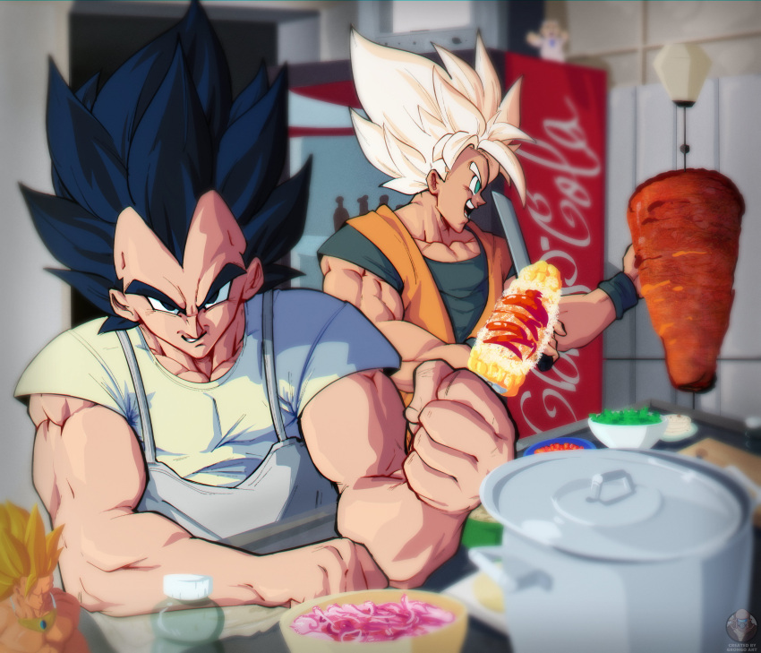 2boys absurdres al_pastor black_hair broly_(dragon_ball_z) character_doll coca-cola doctor_simi dragon_ball dragon_ball_z elote_(food) grongo_art highres mexico multiple_boys muscular open_mouth son_goku spiked_hair super_saiyan taqueria teeth upper_teeth_only vegeta