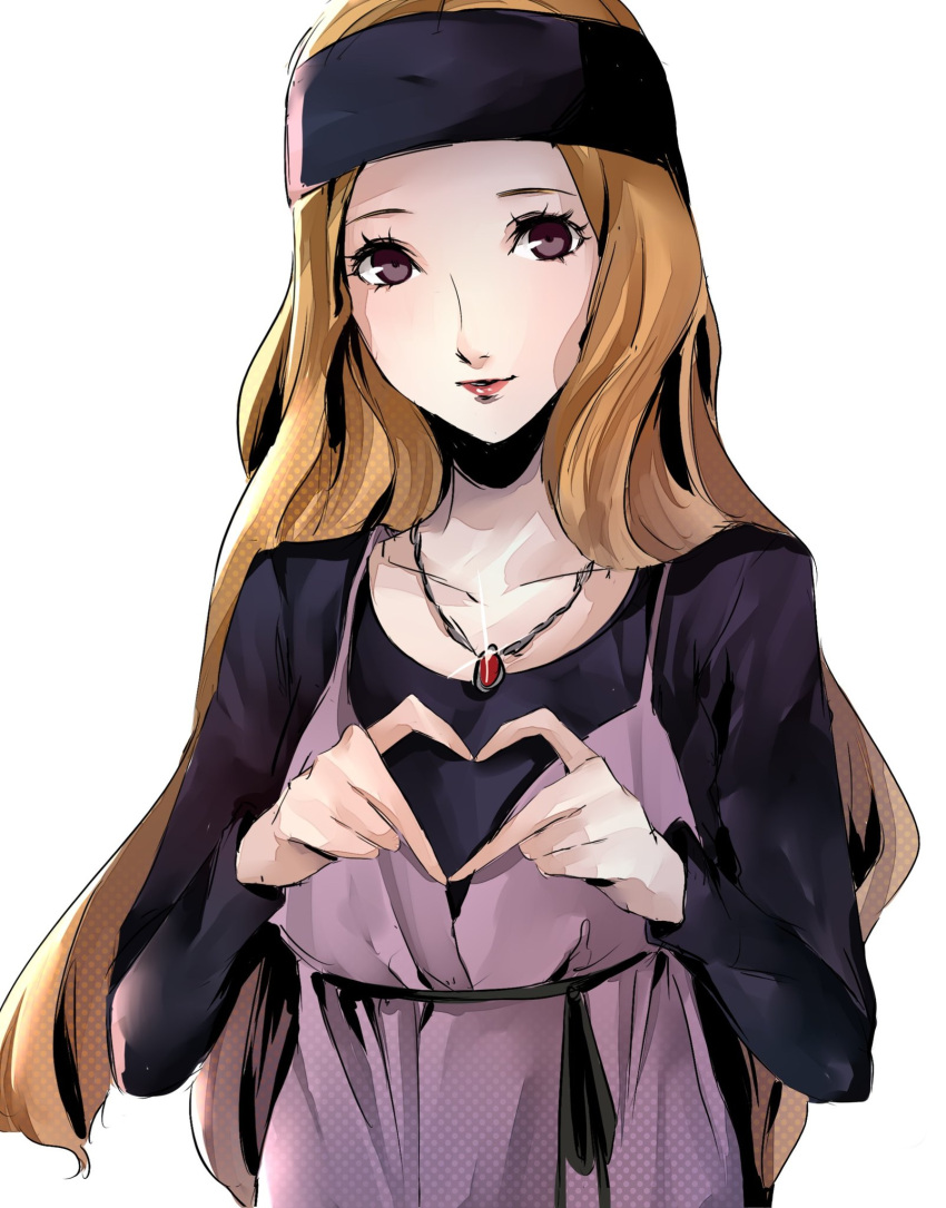 1girl blonde_hair brown_hair headband heart heart_hands highres jewelry long_hair looking_at_viewer mifune_chihaya necklace persona persona_5 pertex_777 purple_eyes simple_background solo upper_body white_background