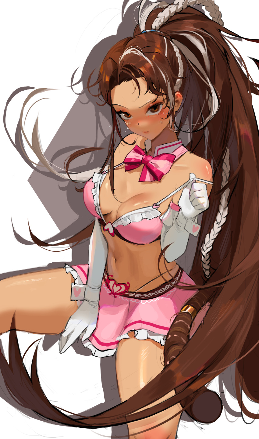 1girl absurdres bare_shoulders bikini bikini_top_only bodiedwile bow braid breasts breasts_apart brown_hair dark-skinned_female dark_skin detached_collar dungeon_and_fighter elbow_gloves french_braid frilled_bikini frilled_skirt frills gloves heart highres long_hair medium_breasts multicolored_hair navel pink_bikini pink_bow pink_skirt ponytail sitting skirt solo spread_legs stomach strap_lift strap_slip streaked_hair sweat swimsuit very_long_hair white_gloves white_hair wrist_cuffs