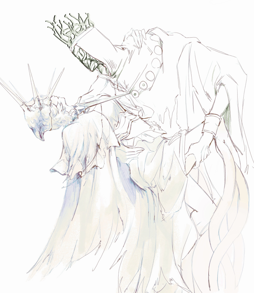 2boys absurdres armor bracelet crown dark_souls_(series) dark_souls_i dark_souls_iii dark_sun_gwyndolin dress facing_another feet_out_of_frame frills from_side highres holding_another's_leg jewelry long_sleeves male_focus multiple_boys pontiff_sulyvahn short_hair spiked_helmet torn_clothes torn_dress zunkome