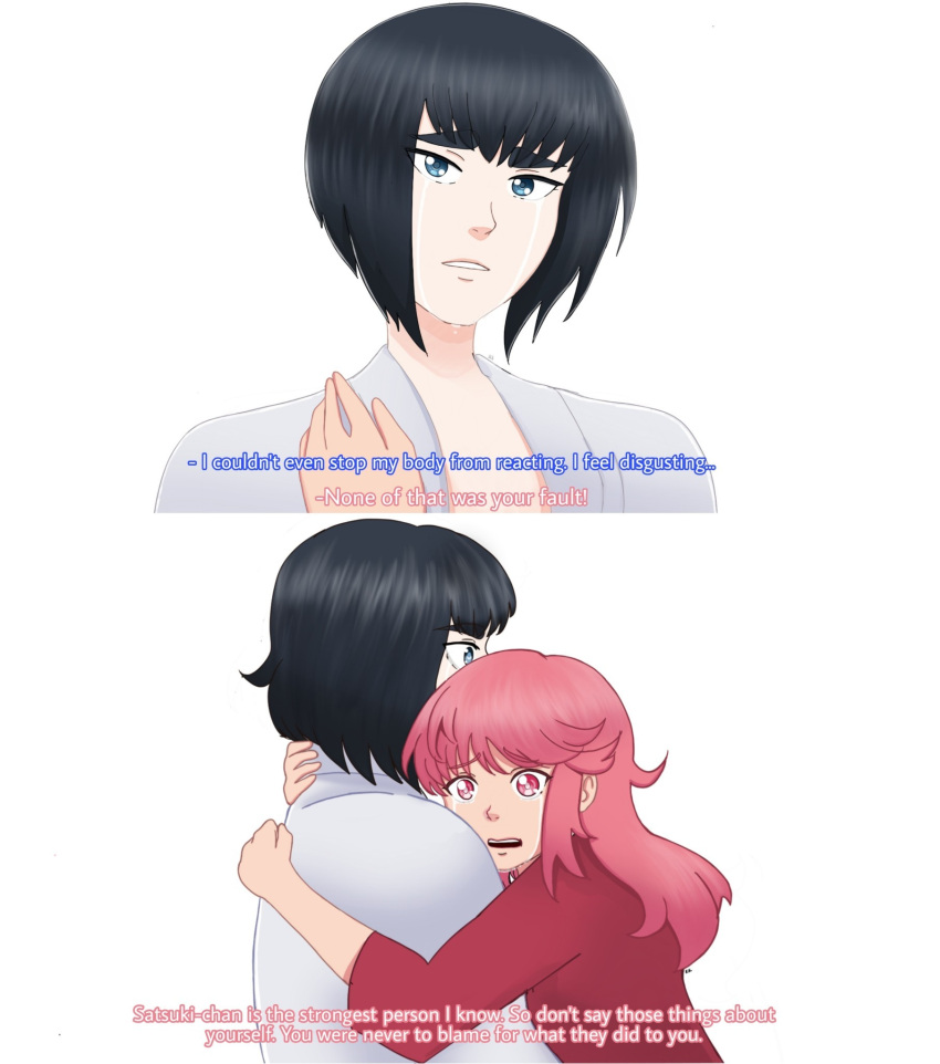 black_hair blue_eyes bob_cut color_connection comforting commentary crying english_commentary english_text highres jakuzure_nonon karinakamichi kill_la_kill kiryuuin_satsuki short_hair tears traumatized yuri