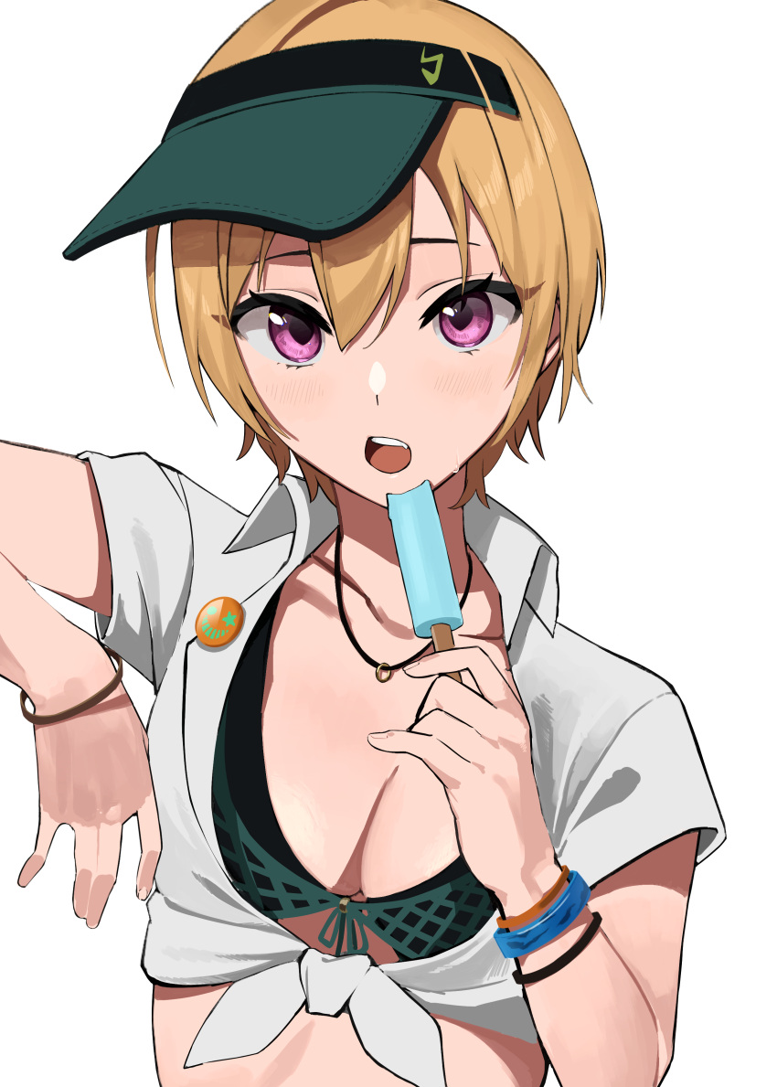 1girl :o absurdres blonde_hair blush bracelet breasts cleavage collarbone food garuku1120 highres holding holding_food holding_ice_cream ice_cream ice_cream_bar idolmaster idolmaster_shiny_colors jewelry looking_at_viewer medium_breasts pink_eyes saijo_juri shirt short_hair simple_background solo sweat tied_shirt upper_body visor_cap white_background white_shirt