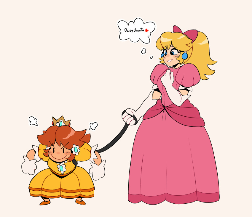 2girls blonde_hair blue_eyes brown_hair crown dress earrings elbow_gloves gloves heart highres holding holding_leash jewelry leash mario_(series) medium_hair multiple_girls orange_dress pink_dress princess_daisy princess_peach simple_background thegreyzen thought_bubble white_background white_gloves