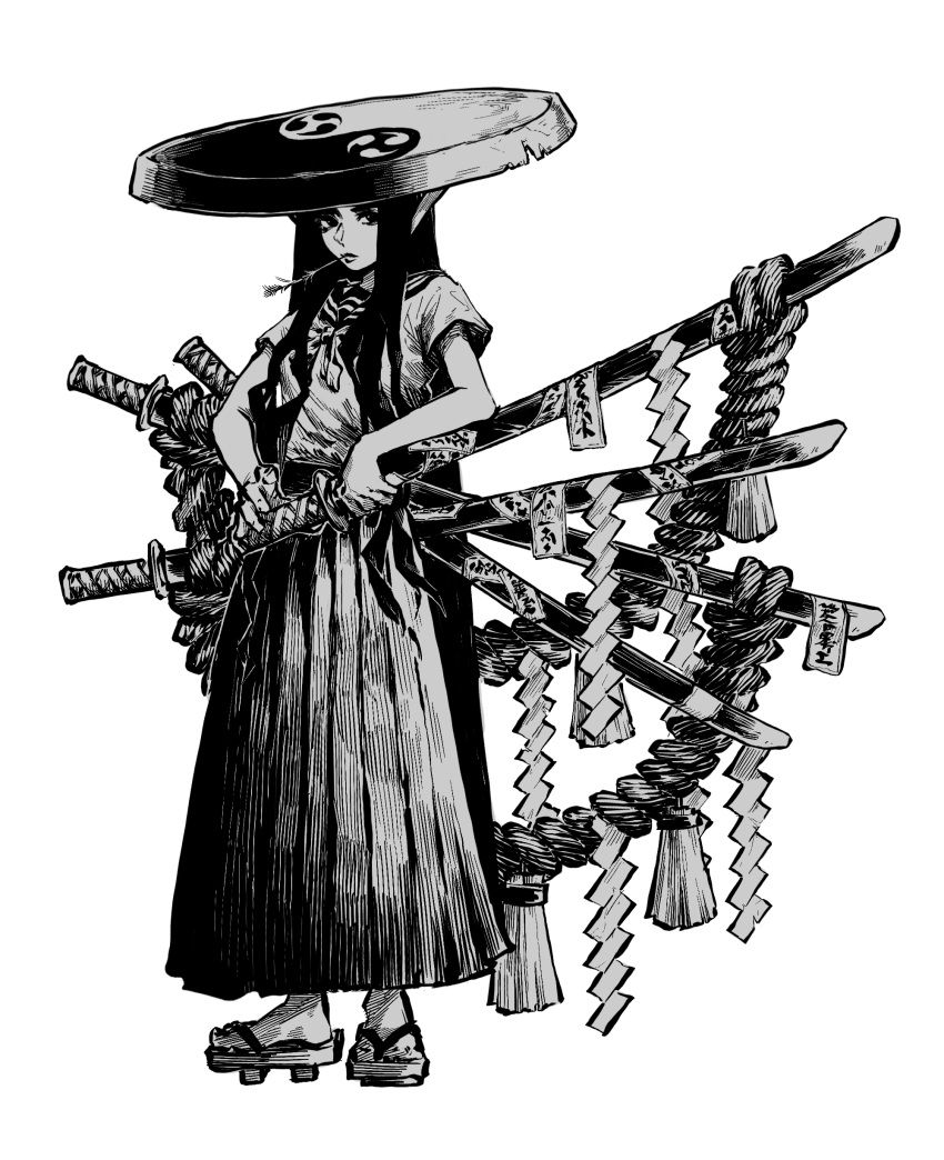 1girl absurdres bare_arms chin_strap commentary fighting_stance full_body geta greyscale highres holding holding_sword holding_weapon long_hair long_skirt looking_at_viewer making-of_available mitsudomoe_(shape) monochrome mouth_hold multiple_swords neckerchief original pleated_skirt ready_to_draw rope school_uniform serafuku sheath sheathed shide shirt_tucked_in short_sleeves simple_background skirt solo stalk_in_mouth standing sword sword_on_back tomoe_(symbol) very_long_hair weapon weapon_on_back yin_yang zero808w