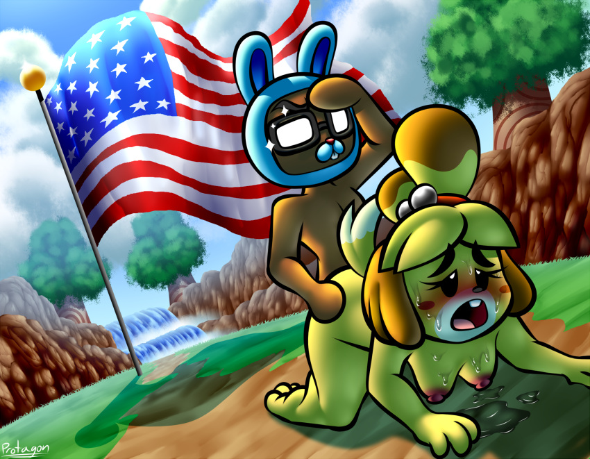 all_fours animal_crossing anthro bodily_fluids breasts canid canine canis domestic_dog female female_penetrated gesture hi_res isabelle_(animal_crossing) male male/female male_penetrating male_penetrating_female mammal nintendo nipples penetration protagon salute sex shih_tzu stars_and_stripes sweat toy_dog united_states_of_america