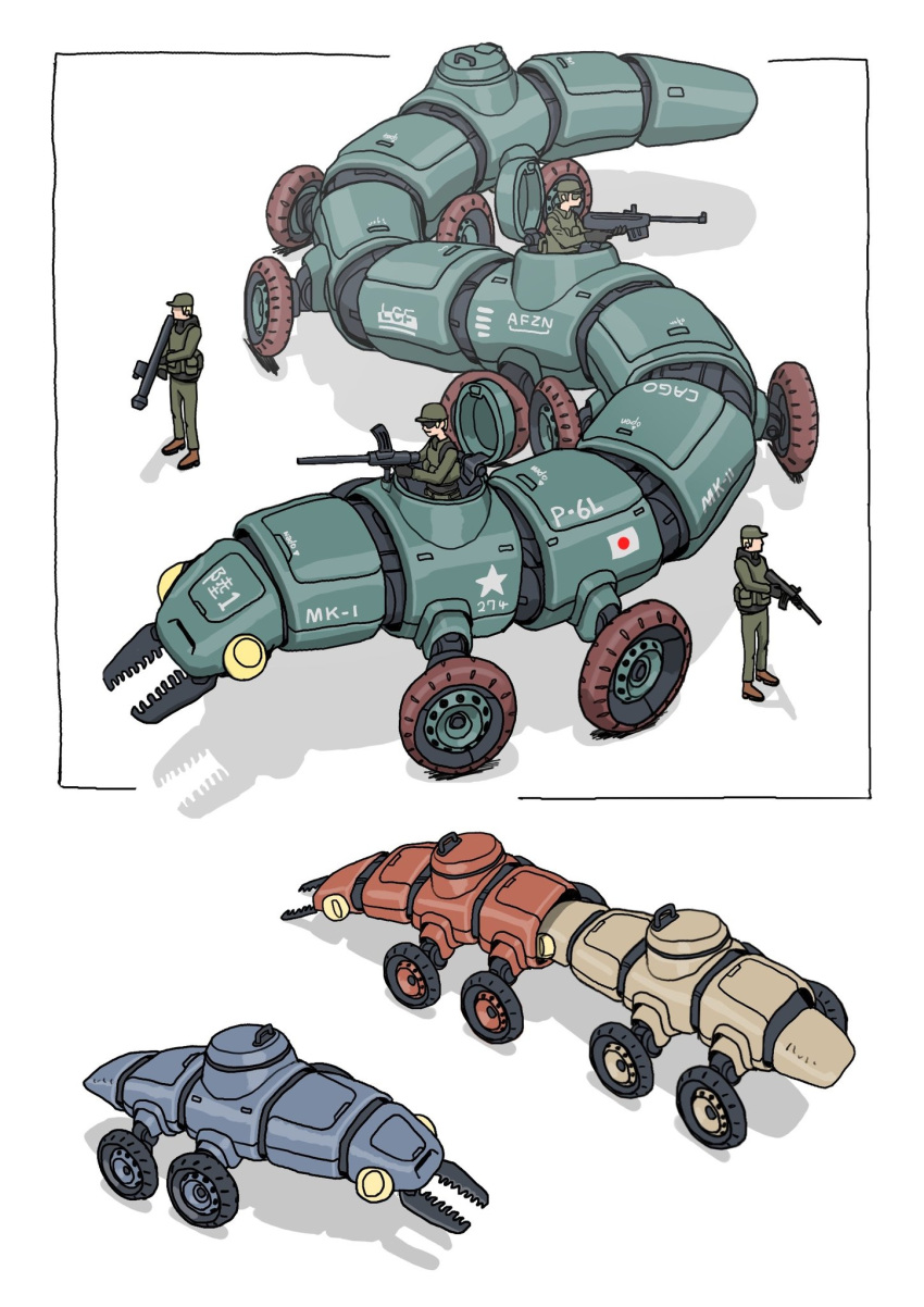 4boys animal-themed_vehicle gatling_santouhei green_headwear green_jacket green_pants gun highres jacket japanese_flag machine_gun military_uniform military_vehicle motor_vehicle multiple_boys original pants rocket_launcher science_fiction shadow tank uniform weapon white_background