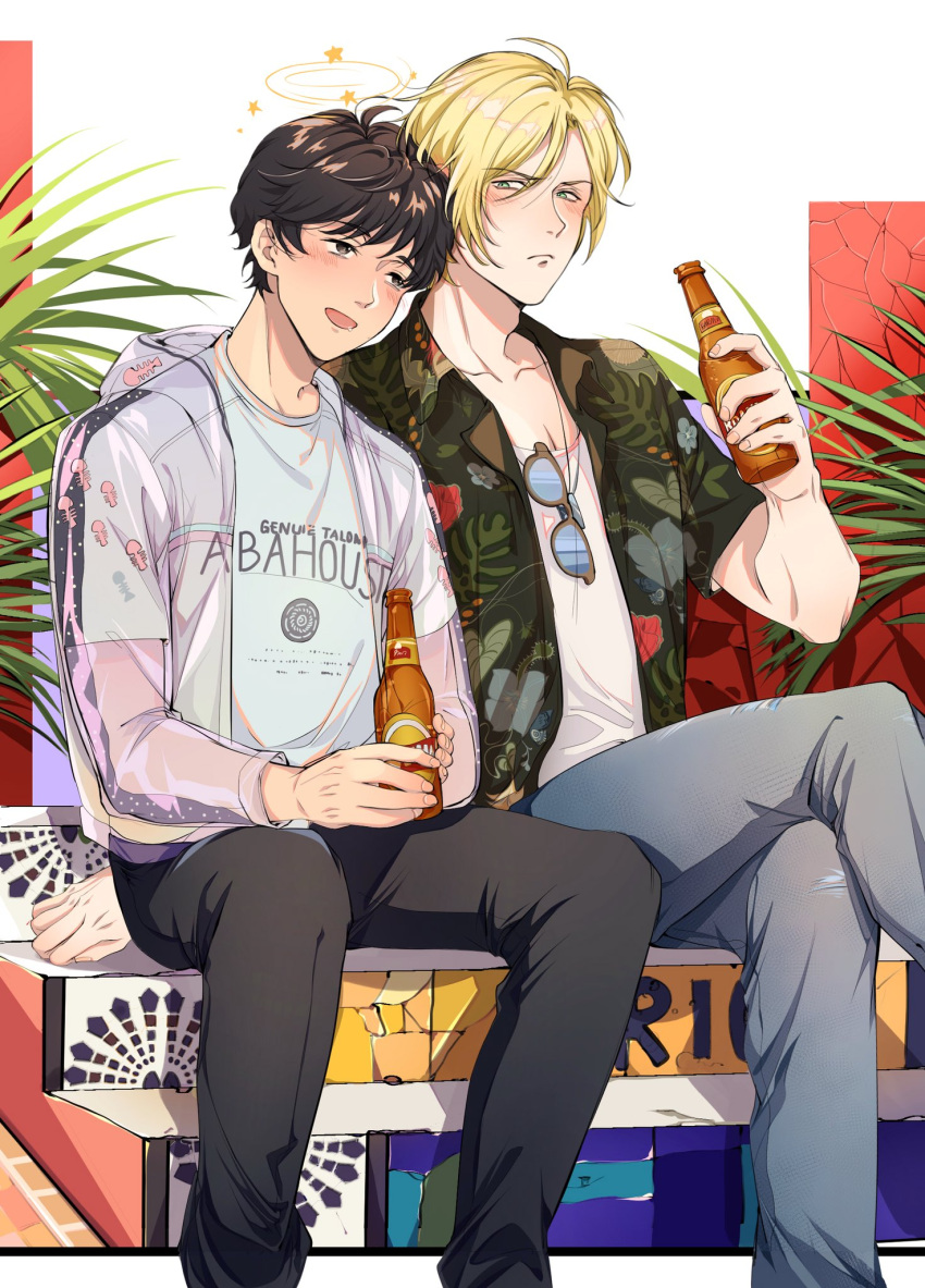 2boys ash_lynx banana_fish bishounen black_pants blonde_hair blush bottle brown_eyes brown_hair couple crossed_legs denim feet_out_of_frame green_eyes green_shirt hawaiian_shirt highres holding holding_bottle jacket jeans jewelry looking_at_another male_focus multiple_boys necklace okumura_eiji open_clothes open_jacket open_mouth pants plant print_shirt see-through see-through_jacket shirt short_hair side-by-side sitting sitting_on_stairs stairs tipsy unworn_eyewear vidave1 white_shirt yaoi