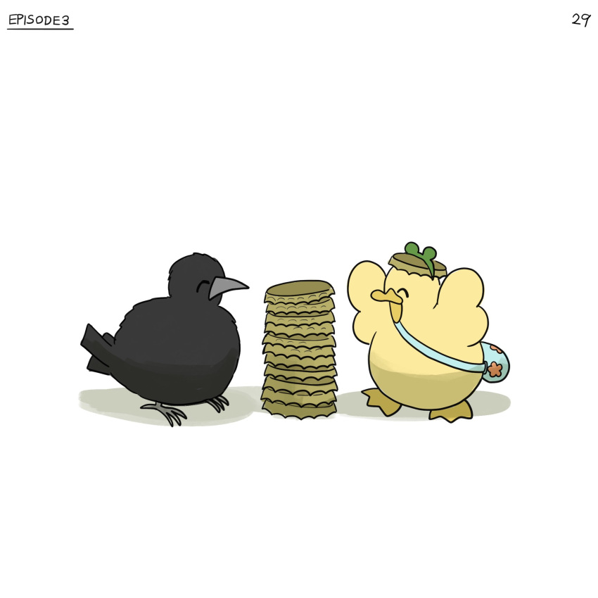 ^_^ bag bird bottle_cap closed_eyes crow diva_(hyxpk) duck duckling english_text frog_headband hat highres no_humans numbered original simple_background stack white_background