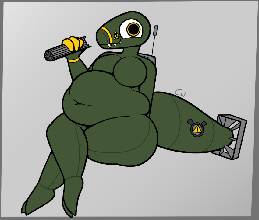 animate_inanimate anthro belly big_belly big_butt butt eating firestorm_(raptormocha) hi_res living_machine machine male moobs nuclear nuclear_bomb nuke overweight pinup pose smile smiling_at_viewer smirk smirking_at_viewer solo tail thick_thighs wrongcable