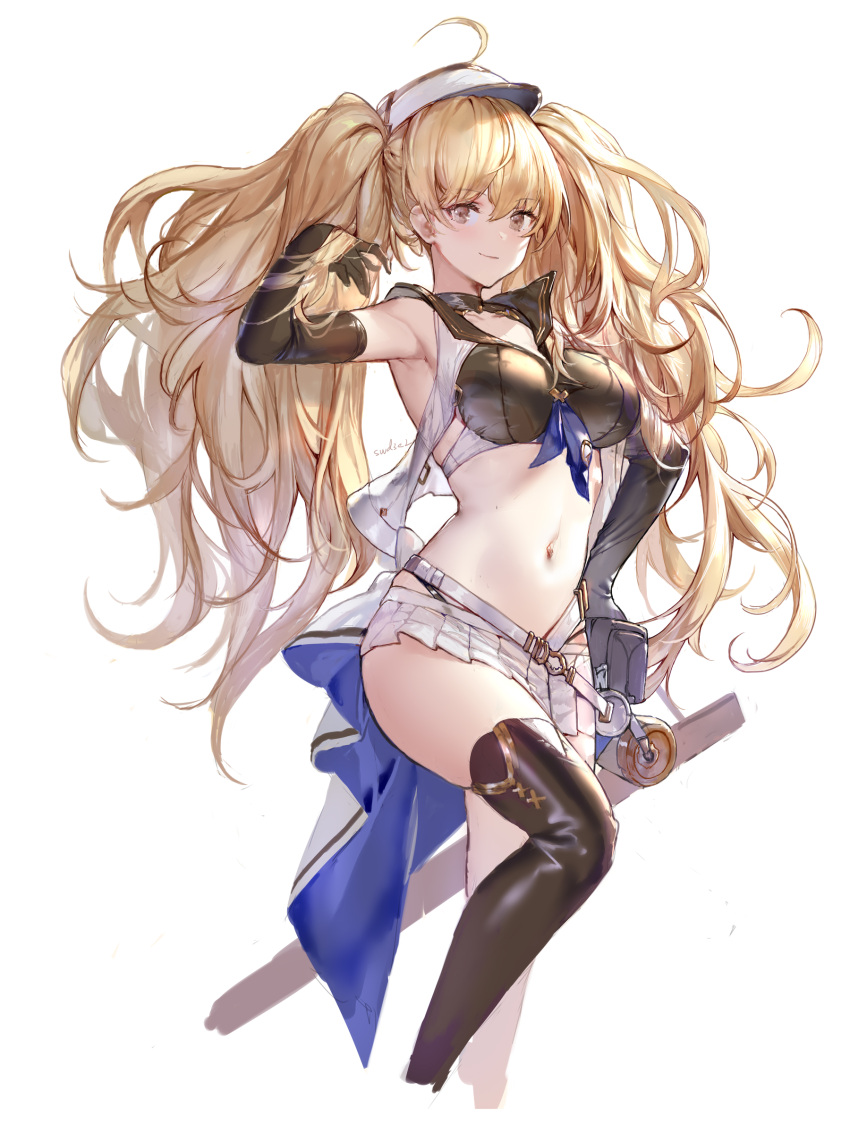 1girl absurdres ahoge belt black_gloves black_thighhighs blonde_hair breasts choker commentary_request elbow_gloves gloves granblue_fantasy hat highres large_breasts looking_at_viewer microskirt monika_weisswind monika_weisswind_(swimsuit)_(granblue_fantasy) official_alternate_costume sheath single_thighhigh skirt smile solo swd3e2 thighhighs thighs twintails visor_cap white_headwear white_skirt yellow_eyes