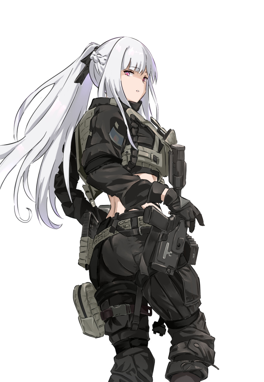 1girl ak-12_(girls'_frontline) alternate_costume black_pants braid expressionless feet_out_of_frame french_braid girls'_frontline grey_hair gun handgun highres long_hair looking_at_viewer looking_back midriff military mutugorou_u pants parted_lips purple_eyes simple_background solo standing tactical_clothes unusually_open_eyes weapon white_background