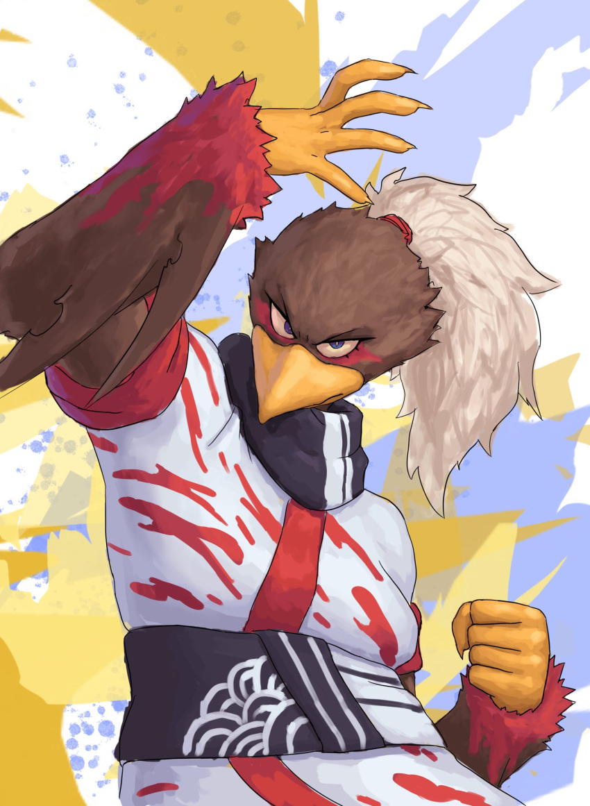 2022 5_fingers abstract_background anthro avian beak bird blue_eyes brown_body brown_feathers clothed clothing feathers female fingers hi_res martial_arts_uniform pose redustheriotact solo sportswear takah_(india_actual) white_body white_feathers