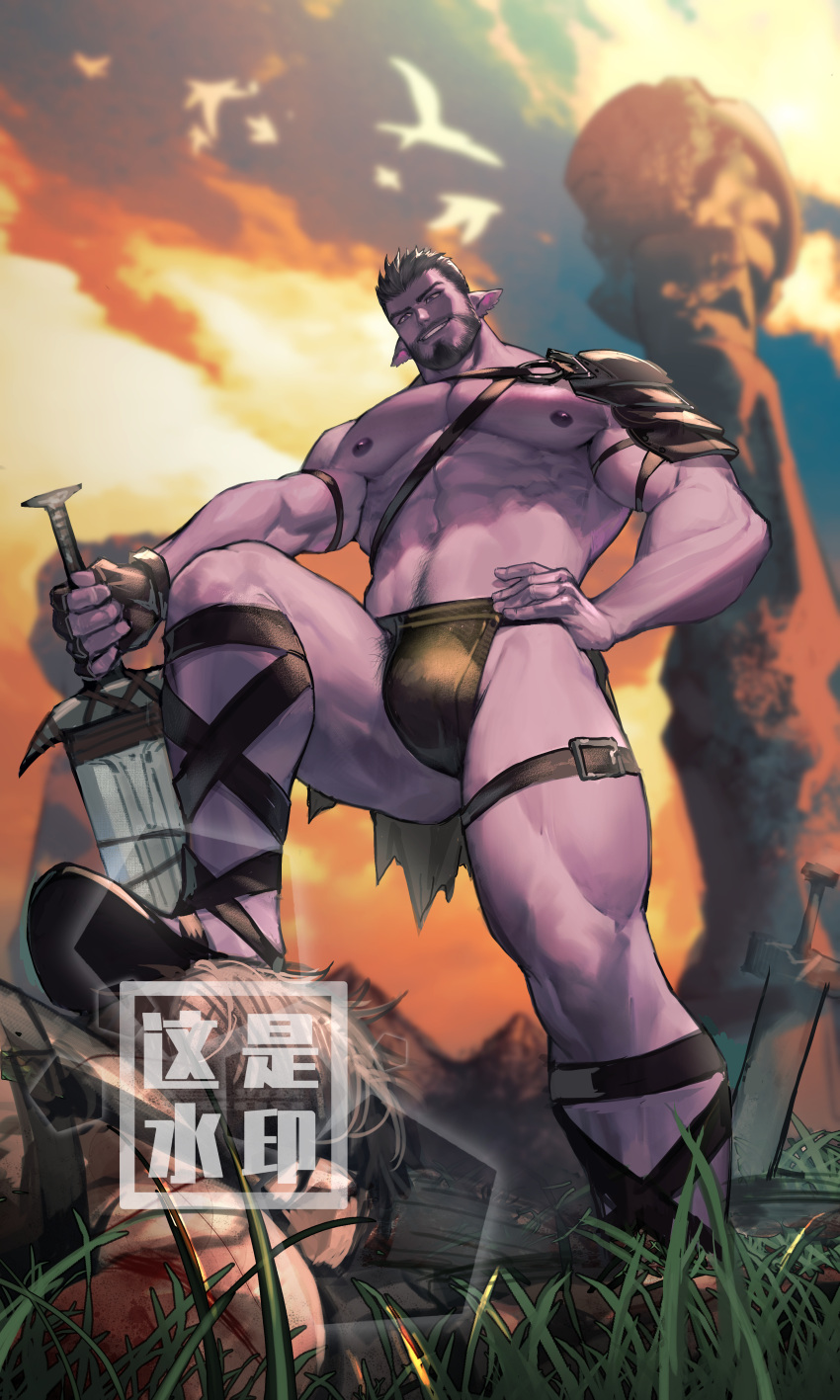 2boys abs absurdres armor baimeme bara bare_pectorals beard bulge cloud cloudy_sky colored_skin commission ears_down excessive_pubic_hair facial_hair foreshortening from_below grass hair_slicked_back highres large_pectorals leg_belt loincloth male_focus male_pubic_hair mature_male mountain multiple_boys muscular muscular_male mustache navel navel_hair nipples oc_(eros-cogito) orange_sky original pauldrons pectorals planted planted_sword pointy_ears pubic_hair purple_skin short_hair shoulder_armor single_pauldron sky smirk solo_focus stepped_on sword thick_eyebrows thick_thighs thighs weapon