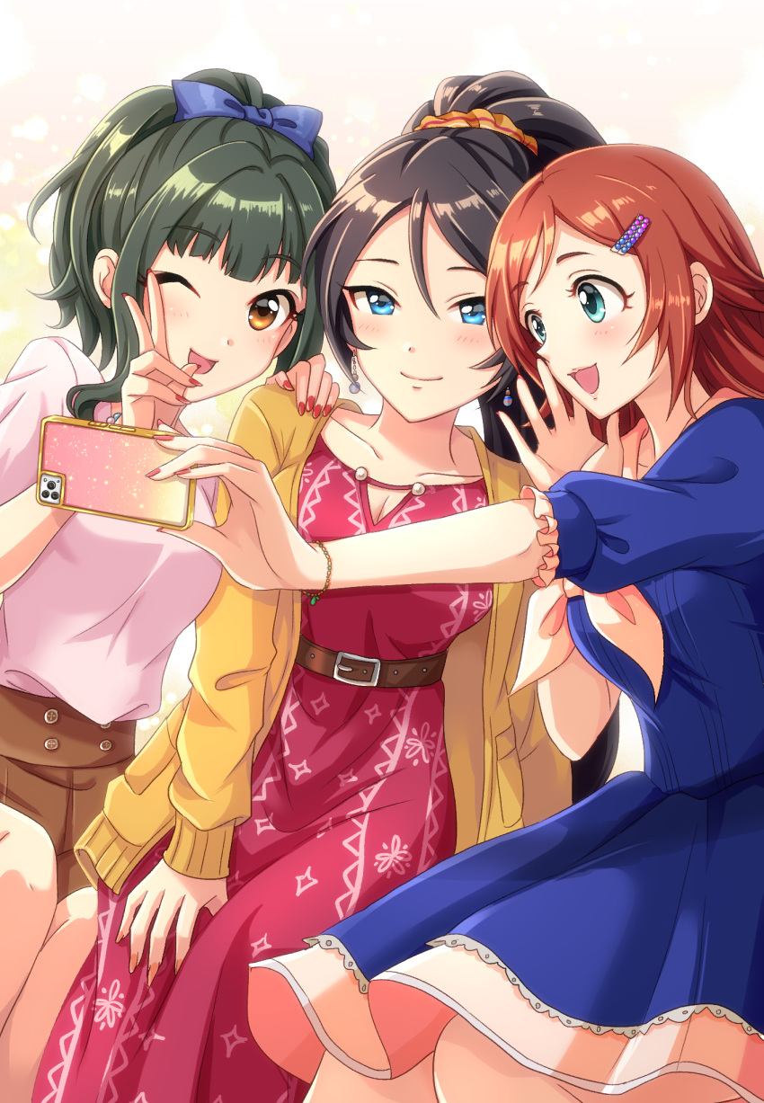 3girls aqua_eyes belt black_hair blue_dress blue_eyes blue_ribbon blush bow bracelet breasts brown_belt brown_eyes brown_hair brown_scrunchie brown_skirt cellphone cleavage cleavage_cutout closed_mouth clothing_cutout collarbone commentary_request dot_nose dress earrings fujii_tomo gradient_background green_eyes green_hair hair_bow hair_ornament hair_scrunchie hairclip hand_on_another's_shoulder hand_on_own_leg hand_up highres holding holding_phone idolmaster idolmaster_cinderella_girls idolmaster_cinderella_girls_starlight_stage imura_setsuna jacket jewelry large_breasts long_hair long_sleeves looking_at_another multiple_girls nail_polish neckerchief one_eye_closed open_clothes open_hand open_jacket open_mouth orange_nails orange_neckerchief phone pink_nails pink_shirt ponytail popon_ta red_dress red_nails ribbon scrunchie selfie shirt short_sleeves sitting skirt small_breasts smartphone smile sugisaka_umi v wavy_hair yellow_jacket