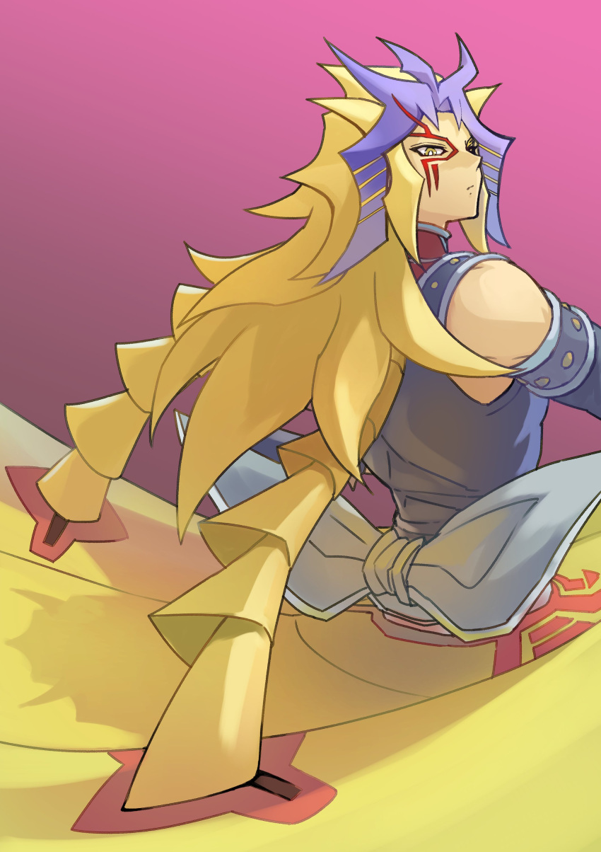 1boy absurdres alternate_form bare_shoulders blonde_hair detached_sleeves facial_mark facing_away gradient_background high_collar highres long_hair looking_back male_focus multicolored_hair paradox_(yu-gi-oh!) pink_background purple_hair serious simple_background solo spiked_hair yellow_eyes youko-shima yu-gi-oh! yu-gi-oh!_3d_bonds_beyond_time