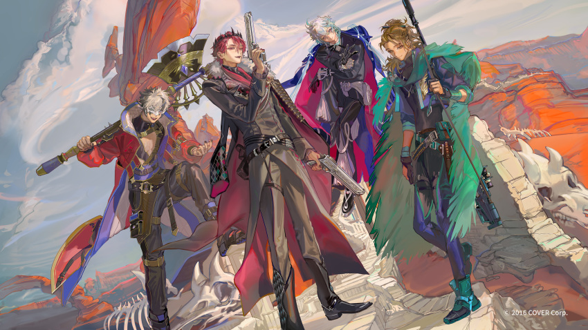 4boys absurdres animal_skeleton axe belt black_gloves black_hair black_pants blue_hair boots brown_hair cape cleavage_cutout clothing_cutout cloud cloudy_sky coat coat_on_shoulders copyright_name crimzon_ruze crossed_arms desert dual_wielding earrings english_commentary eye_mask full_body fur-trimmed_coat fur_trim garter_straps gloves goldbullet green_cape grey_hair gun highres holding holding_axe holding_gun holding_weapon holoarmis holostars holostars_english holster huge_weapon jacket jacket_on_shoulders jewelry jurard_t_rexford long_coat long_hair looking_at_viewer male_focus multicolored_hair multiple_belts multiple_boys octavio official_art one_eye_covered open_clothes open_coat over_shoulder pants pectorals pink_eyes ponytail purple_eyes red_eyes red_hair rifle short_hair sky smile standing taro-k thigh_holster thigh_strap torn_cape torn_clothes two-tone_hair virtual_youtuber weapon weapon_over_shoulder white_hair yellow_eyes