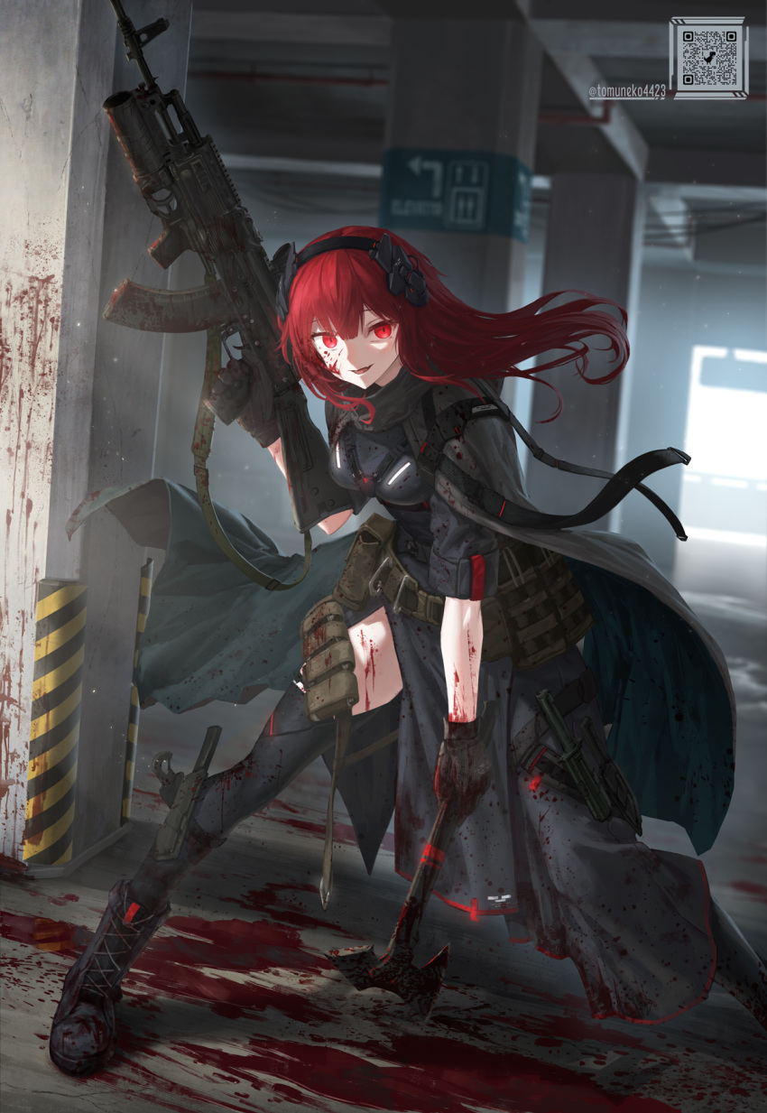 1girl ak-74m artist_name assault_rifle axe bangs belt_pouch black_cloak black_dress black_footwear black_gloves black_thighhighs blood blood_on_clothes blood_on_face blood_splatter boots cloak commentary_request commission dress full_body gloves gp-30 grenade_launcher gun headgear highres holding holding_axe holding_gun holding_weapon kalashnikov_rifle knife long_hair looking_at_viewer original pixiv_commission pouch qr_code red_eyes red_hair rifle short_sleeves sling smile solo standing thighhighs tom-neko_(zamudo_akiyuki) tomahawk trigger_discipline underbarrel_grenade_launcher weapon