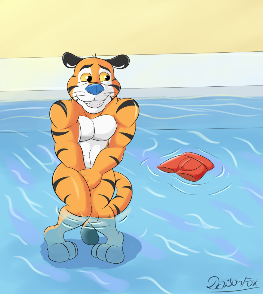 anthro bottomwear clothing covering covering_self daison_the_fox embarrassed felid frosted_flakes fur hi_res kellogg's male mammal mascot nude orange_body orange_fur pantherine pool public public_nudity shorts solo standing stripes tiger tony_the_tiger underwater water