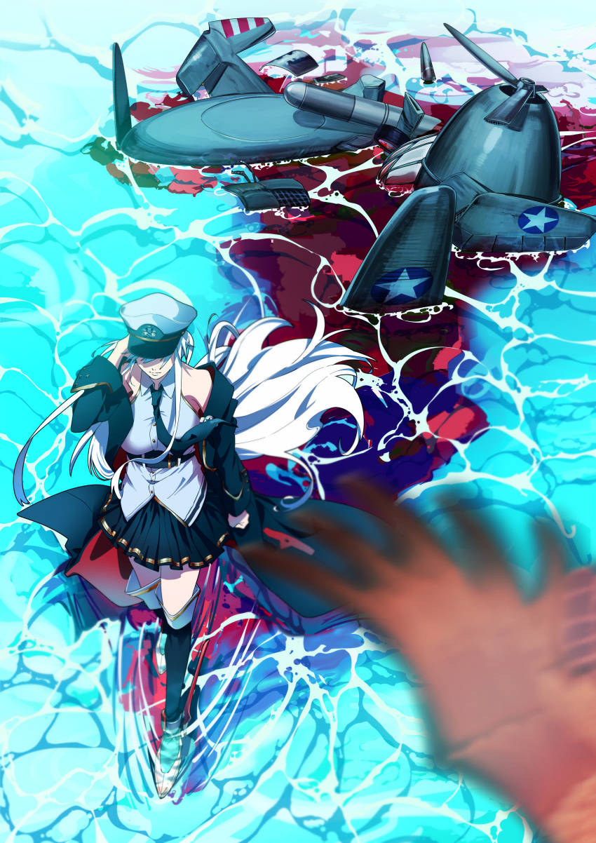 1girl absurdres after_battle aircraft azur_lane bald_eagle belt bird black_belt black_coat black_necktie black_skirt blood_trail blurry blurry_foreground boots breasts coat collared_shirt eagle enterprise_(azur_lane) gold_trim grim_(azur_lane) hat highres knee_boots large_breasts long_hair military_hat miniskirt motion_blur motu_(pixiv10829964) necktie open_clothes open_coat peaked_cap pleated_skirt shirt skirt sleeveless sleeveless_shirt solo torpedo very_long_hair wading water white_hair white_headwear
