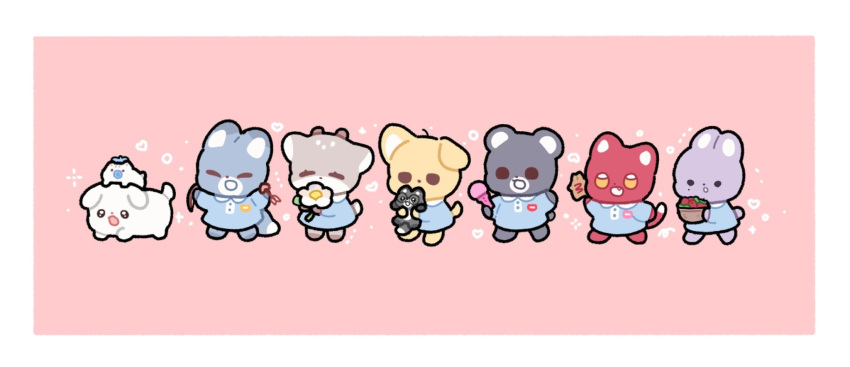 6+boys animal animal_ears animal_nose animalization arrow_(projectile) bae_sejin bbing_zzi bear_boy bear_ears blue_shirt border bow_(weapon) cat_boy cat_ears cat_tail cha_eugene character_request chibi closed_eyes commentary_request debwi_mos_hamyeon_jugneun_byeong_geollim deer_boy deer_ears deer_tail dog dog_boy dog_ears dog_tail flower furrification furry furry_male hamster highres holding holding_flower kim_raebin kindergarten_uniform korean_commentary lee_sejin male_focus mole mole_under_eye multiple_boys open_mouth park_moondae pink_background rabbit_boy rabbit_ears rabbit_tail ryu_cheongwoo seon_ahyun shirt simple_background smile standing tail weapon white_border