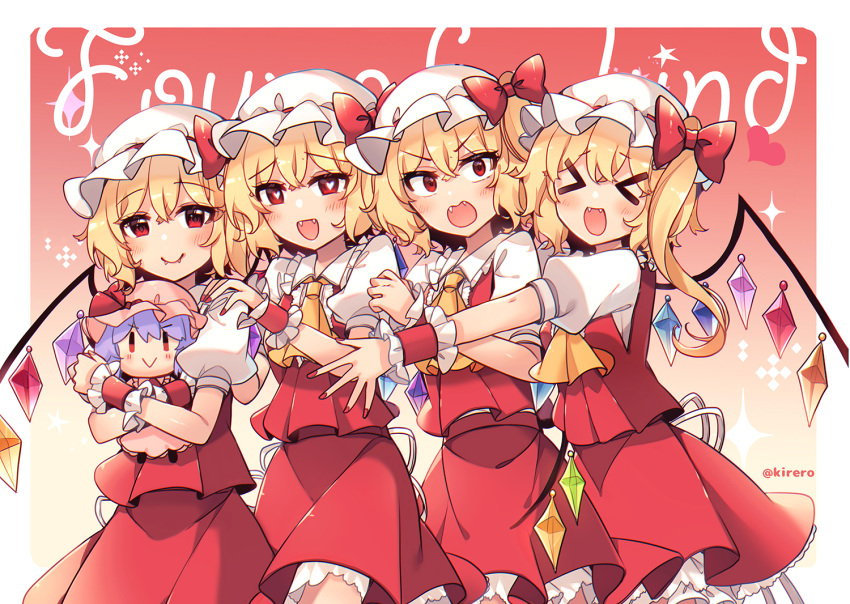 &gt;_&lt; 4girls ascot blonde_hair blush character_doll collared_shirt crystal fangs flandre_scarlet frilled_shirt_collar frills hat kirero long_hair mob_cap multiple_girls multiple_persona one_side_up open_mouth red_eyes red_skirt red_vest remilia_scarlet shirt skirt smile touhou twitter_username vest white_headwear white_shirt wings yellow_ascot