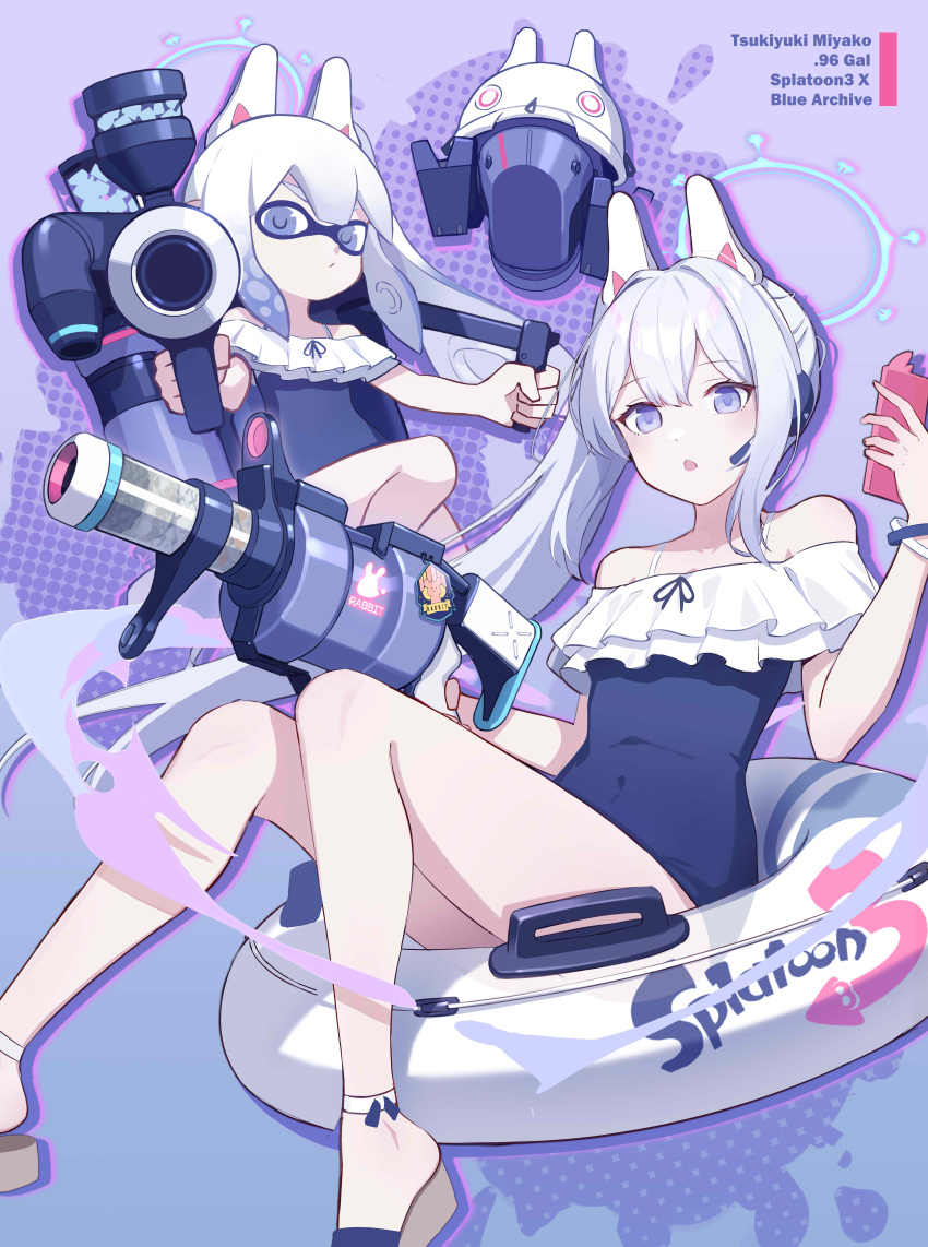 2girls absurdres animal_ears bare_shoulders blue_archive blue_halo blue_one-piece_swimsuit bunny_headphones cellphone character_name commentary copyright_name covered_navel fake_animal_ears frilled_one-piece_swimsuit frills gun halo hand_up headphones headset highres holding holding_gun holding_phone holding_weapon innertube jhcrow3 looking_at_viewer matching_hairstyle matching_outfits miyako_(blue_archive) miyako_(swimsuit)_(blue_archive) multiple_girls off-shoulder_one-piece_swimsuit off_shoulder official_alternate_costume on_innertube one-piece_swimsuit open_mouth phone purple_eyes side_ponytail smartphone splatoon_(series) swimsuit thighs weapon white_hair white_innertube