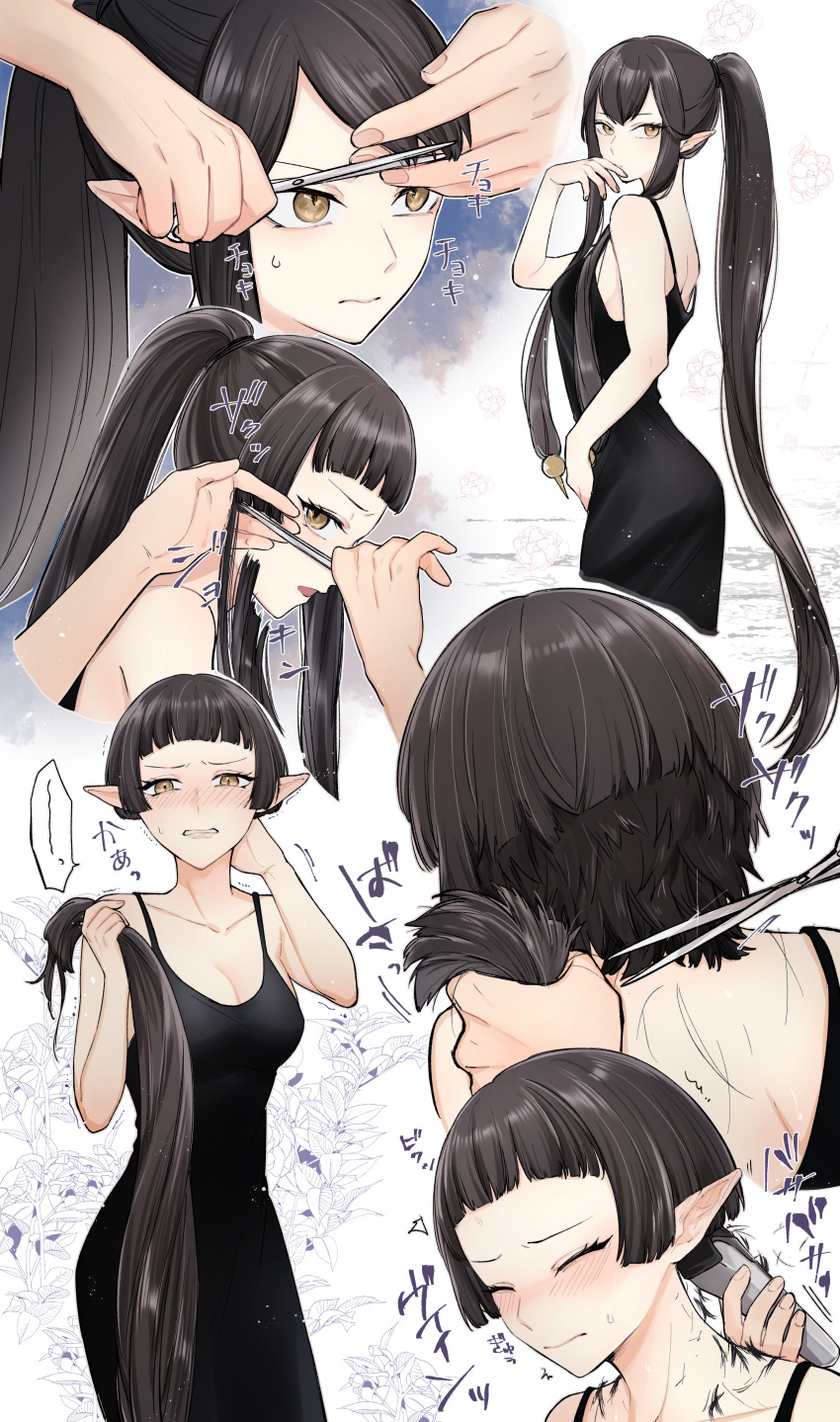 1girl absurdres alternate_hair_length alternate_hairstyle back black_dress black_hair blunt_bangs blush bob_cut breasts cleavage closed_eyes closed_mouth collarbone commission cutting_hair disembodied_limb dress fate/apocrypha fate_(series) hair_clipper hairdressing highres holding holding_hair holding_scissors kyoi_hey long_hair looking_at_viewer medium_breasts multiple_views open_mouth pixiv_commission pointy_ears ponytail scissors semiramis_(fate) severed_hair short_hair sidelocks sleeveless sleeveless_dress upper_body very_long_hair very_short_hair yellow_eyes