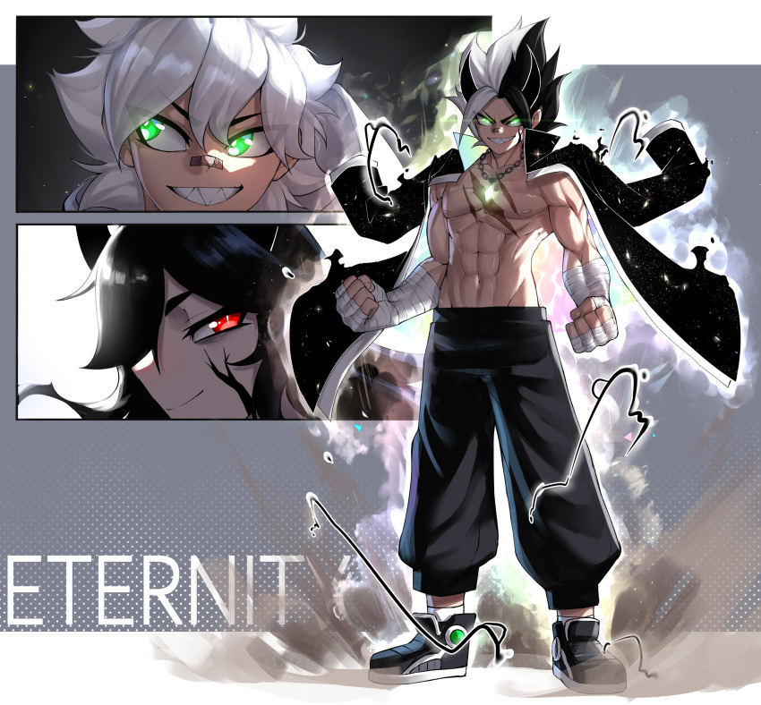 1boy 2girls abs absurdres aura bandaged_arm bandaged_hand bandages bare_pectorals black_hair black_pants clenched_hands commentary eyes_visible_through_hair glowing glowing_eyes green_eyes grin highres horns jacket jacket_on_shoulders kory_gardentale kuro_t._dragon multicolored_hair multiple_boys multiple_girls muscular muscular_male original pants pectorals rageman709 red_eyes sharp_teeth shoes smile sneakers teeth two-tone_hair v-shaped_eyebrows white_hair