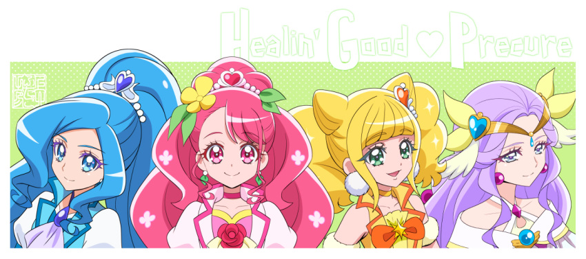 4girls artist_logo blonde_hair blue_eyes blue_hair choker commentary_request copyright_name cure_earth cure_fontaine cure_grace cure_sparkle earrings eyelashes flower fuurin_asumi green_eyes hair_flower hair_ornament hanadera_nodoka happy healin'_good_precure hiramitsu_hinata jewelry kamikita_futago long_hair looking_at_viewer magical_girl multiple_girls pink_choker pink_eyes pink_hair pom_pom_(clothes) pom_pom_earrings ponytail precure puffy_sleeves purple_eyes purple_hair sawaizumi_chiyu smile twintails