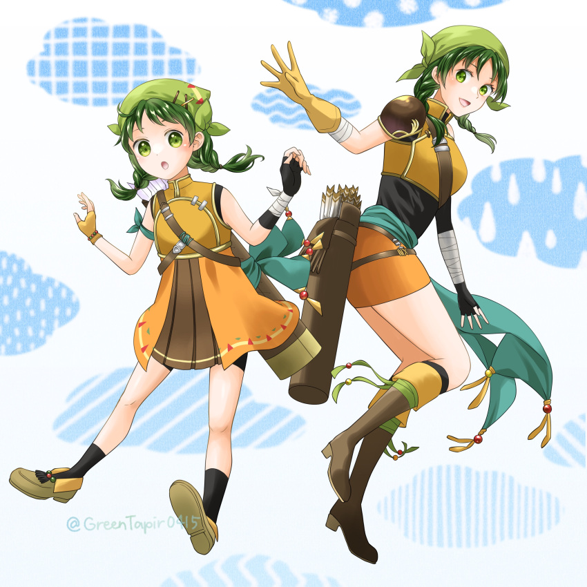 2girls :d :o absurdres aged_down arrow_(projectile) asymmetrical_gloves bandana black_shirt black_socks boots braid cloud dual_persona female_child fingerless_gloves fire_emblem fire_emblem:_the_blazing_blade fire_emblem_heroes gloves green_eyes green_hair highres looking_back medium_hair midori_no_baku multiple_girls official_alternate_costume open_mouth quiver rebecca_(fire_emblem) shirt shoes sleeveless smile socks twin_braids twintails twitter_username white_background yellow_gloves