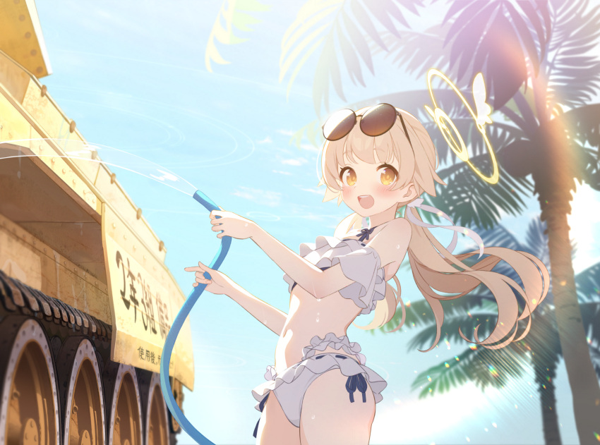 1girl absurdres artist_request bikini blue_archive crusader_(tank) frilled_bikini frills game_cg halo hifumi_(blue_archive) hifumi_(swimsuit)_(blue_archive) highres holding holding_hose hose lens_flare light_brown_hair long_hair looking_at_viewer low_twintails military military_vehicle motor_vehicle non-web_source official_alternate_costume official_art outdoors palm_tree ribbon-trimmed_swimsuit ribbon_trim sky solo swimsuit tank tree twintails water wet white_bikini yellow_eyes yellow_halo