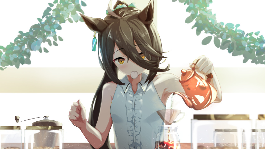 1girl absurdres ahoge animal_ears armpits bare_arms bare_shoulders black_hair breasts center_opening coffee_grinder collared_shirt earrings funnel hair_between_eyes highres horse_ears jar jewelry long_hair manhattan_cafe_(umamusume) mouth_hold multicolored_hair ponytail pouring sanami_(sanami_t_38) shirt single_earring sleeveless sleeveless_shirt small_breasts solo streaked_hair teapot umamusume upper_body yellow_eyes