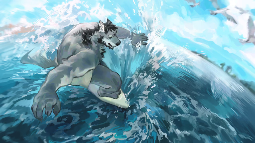 1boy animal_ears bara beard bird blue_sky chad_(chaide) commission dog_boy dog_ears dog_tail facial_hair fisheye from_above full_body grey_fur happy highres male_focus mature_male muscular muscular_male ocean original perspective short_hair sky smile solo surfboard surfing tail thick_eyebrows topless_male