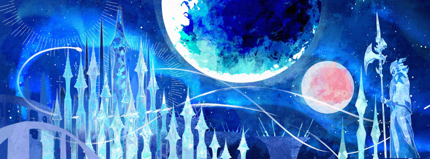 absurdres blue_theme building chinese_commentary city cityscape commentary_request final_fantasy final_fantasy_xiv from_side full_moon halberd highres holding holding_polearm holding_weapon huge_moon in-universe_location moon multiple_moons night night_sky no_humans outdoors pink_moon polearm scenery sky sparkle star_(sky) starry_sky statue weapon yuming_haomafan
