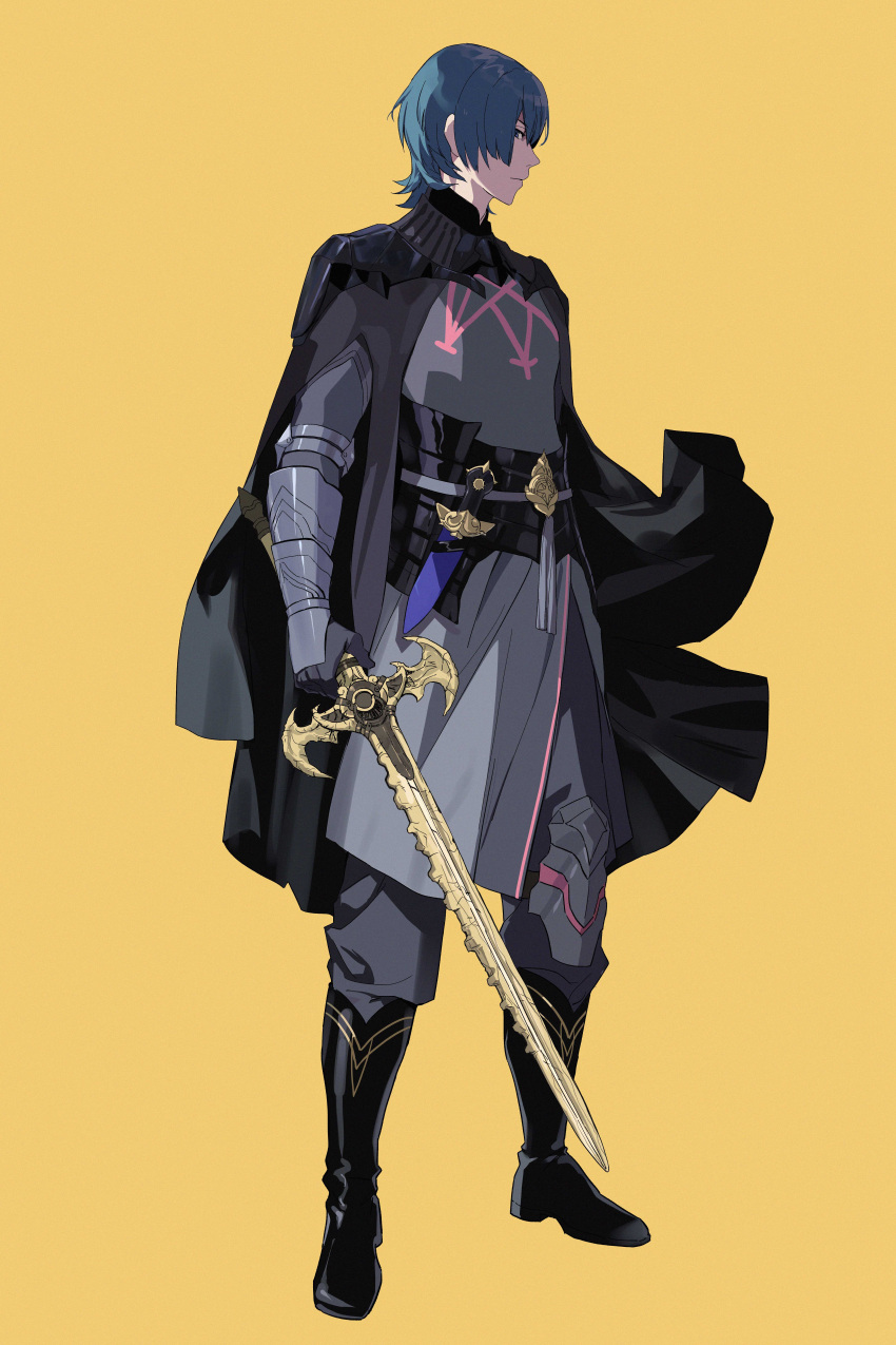 1boy absurdres armor black_armor black_cape black_footwear black_gloves blue_eyes blue_hair boots breastplate byleth_(fire_emblem) byleth_(male)_(fire_emblem) cape closed_mouth commentary fire_emblem fire_emblem:_three_houses full_body gauntlets gloves highres holding holding_sword holding_weapon kazo_(kidokazo) knife looking_at_viewer male_focus profile simple_background solo sword sword_of_the_creator weapon yellow_background