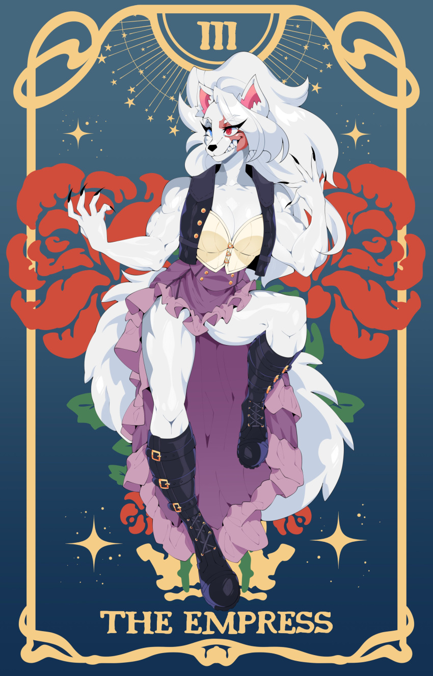 absurd_res anthro atomicmarshmallow breasts canid canine canis card clothed clothing digital_media_(artwork) dress female fur hair heterochromia hi_res long_boots mammal muscular muscular_anthro scar smile solo tarot_card white_hair wolf