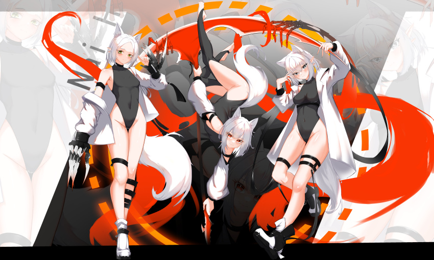 3girls absurdres animal_ears artist_name black_leotard breasts copyright_request covered_navel detached_sleeves extra_ears forehead grey_eyes groin hair_between_eyes highres holding holding_scythe jacket leotard long_sleeves looking_at_viewer medium_breasts multiple_girls naihe off_shoulder open_clothes open_jacket parted_bangs pointy_ears puffy_long_sleeves puffy_sleeves red_eyes scythe small_breasts tail white_hair white_jacket white_sleeves yellow_eyes zoom_layer