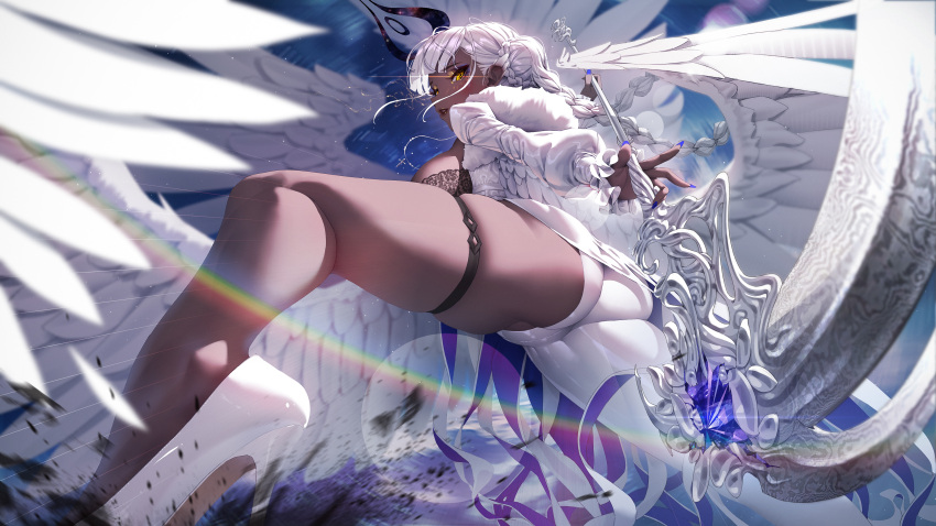 1girl absurdres angel_wings banned_artist black_bra black_halo bra braid braided_bangs breasts cleavage_cutout clothing_cutout dark-skinned_female dark_skin feathered_wings full_body hair_bun halo highres purple_nails rhasta sara_(millennium_tour) underwear wings