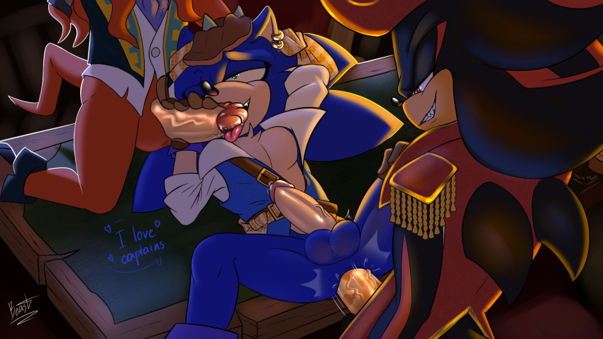 anal anthro aoibeast balls bodily_fluids bottomless clothed clothing dialogue fellatio furniture genital_fluids genitals group hi_res knuckles_the_echidna male male/male on_table oral penile penis pirate precum sega sex shadow_the_hedgehog sonic_the_hedgehog sonic_the_hedgehog_(series) speech_bubble spitroast table trio