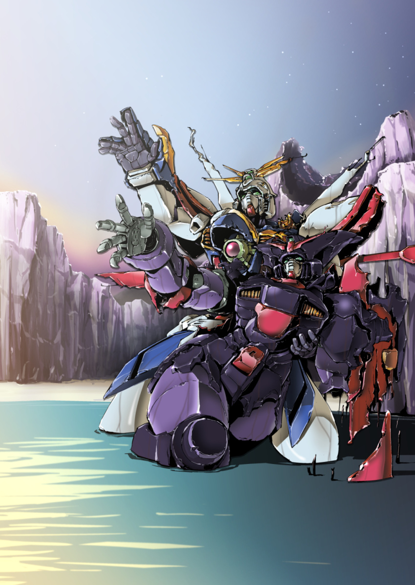 beach damaged dawn g_gundam god_gundam gundam highres master_gundam mecha mobile_suit moyashi_koubou no_humans outstretched_arm reaching robot tagme water