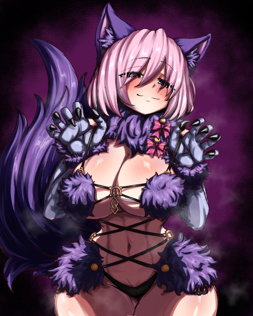 1girl animal_ear_fluff animal_ears beolkkulcheese bikini blush breasts cameltoe claw_pose claws cleavage closed_mouth cross-laced_bikini cross-laced_clothes elbow_gloves fake_animal_ears fate/grand_order fate_(series) fingernails fur-trimmed_gloves fur_bikini fur_collar fur_trim gloves groin hair_over_one_eye highres korean_commentary large_breasts long_fingernails looking_at_viewer mash_kyrielight mash_kyrielight_(dangerous_beast) navel purple_ears purple_eyes purple_gloves purple_hair purple_tail revealing_clothes ringed_eyes sharp_fingernails short_hair smile solo strap_lift swimsuit tail toned wolf_ears wolf_tail
