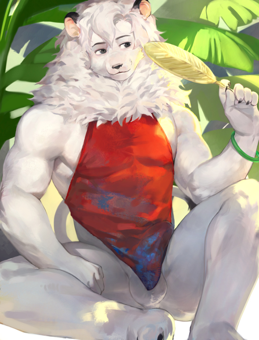 2023 anthro balls clothed clothing erection erection_under_clothing felid fur genitals hi_res leo_(saitama_seibu_lions) lion looking_away male mammal mane mascot multicolored_ears muscular muscular_anthro muscular_male nippon_professional_baseball pantherine saitama_seibu_lions sitting solo tail white_body white_fur white_mane yuuko891