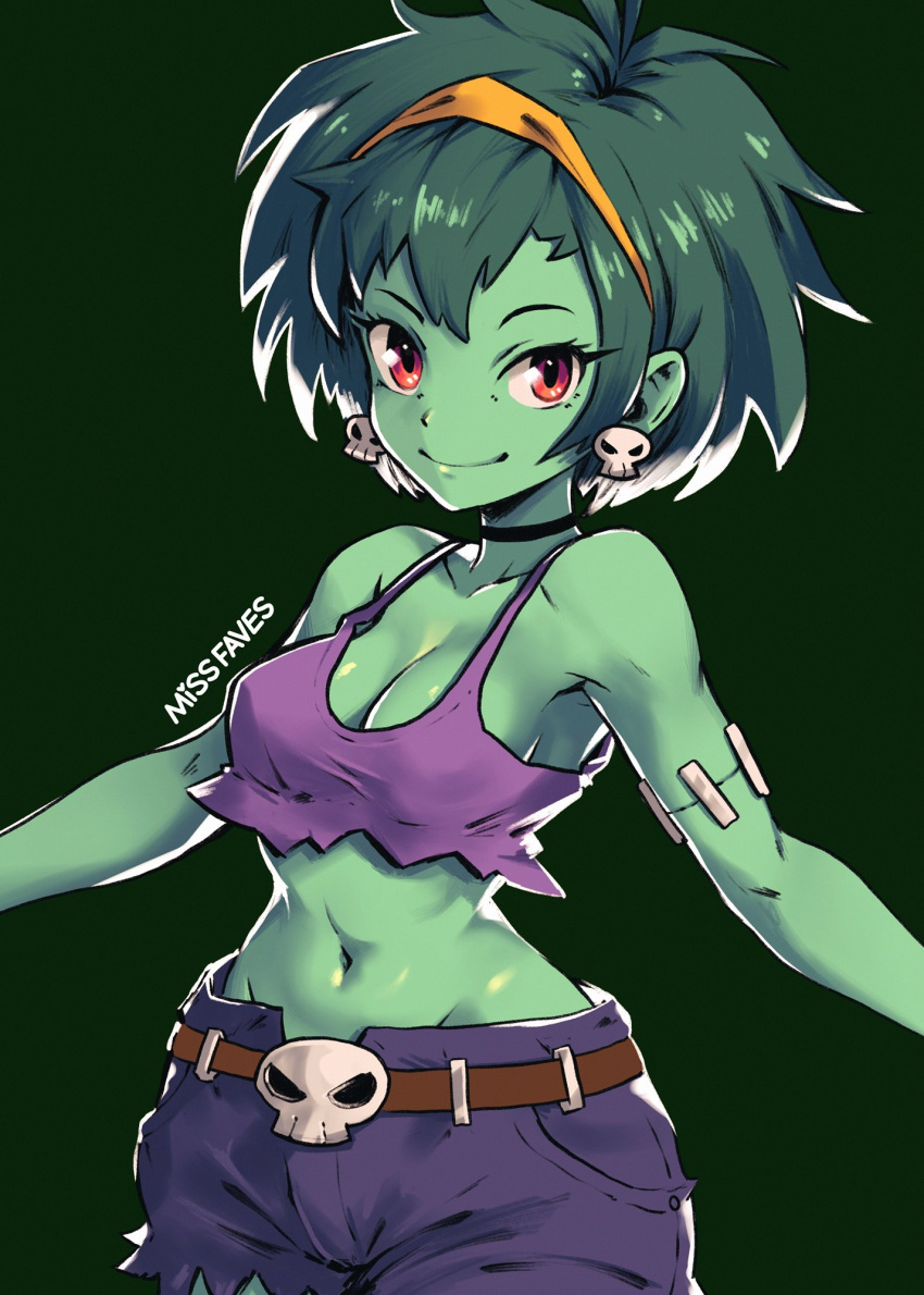 1girl armpits artist_name bare_arms bare_shoulders belt black_choker breasts brown_belt choker cleavage closed_mouth collarbone colored_skin cowboy_shot earrings english_commentary english_text eyelashes green_background green_hair green_skin groin hairband highres jewelry looking_to_the_side medium_breasts missfaves monster_girl navel outstretched_arms purple_tank_top red_eyes rottytops shantae_(series) short_hair shorts signature simple_background skull skull_belt skull_earrings smile solo standing stitched_arm stitches tank_top torn_clothes torn_shorts undead yellow_hairband zombie