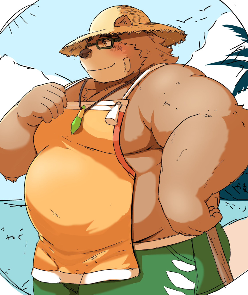 2023 anthro bear belly big_belly bottomwear clothing eyewear glasses hat headgear headwear hi_res humanoid_hands kemono lifewonders male mammal metaporin moobs outside overweight overweight_male shorts solo straw_hat tokyo_afterschool_summoners volos